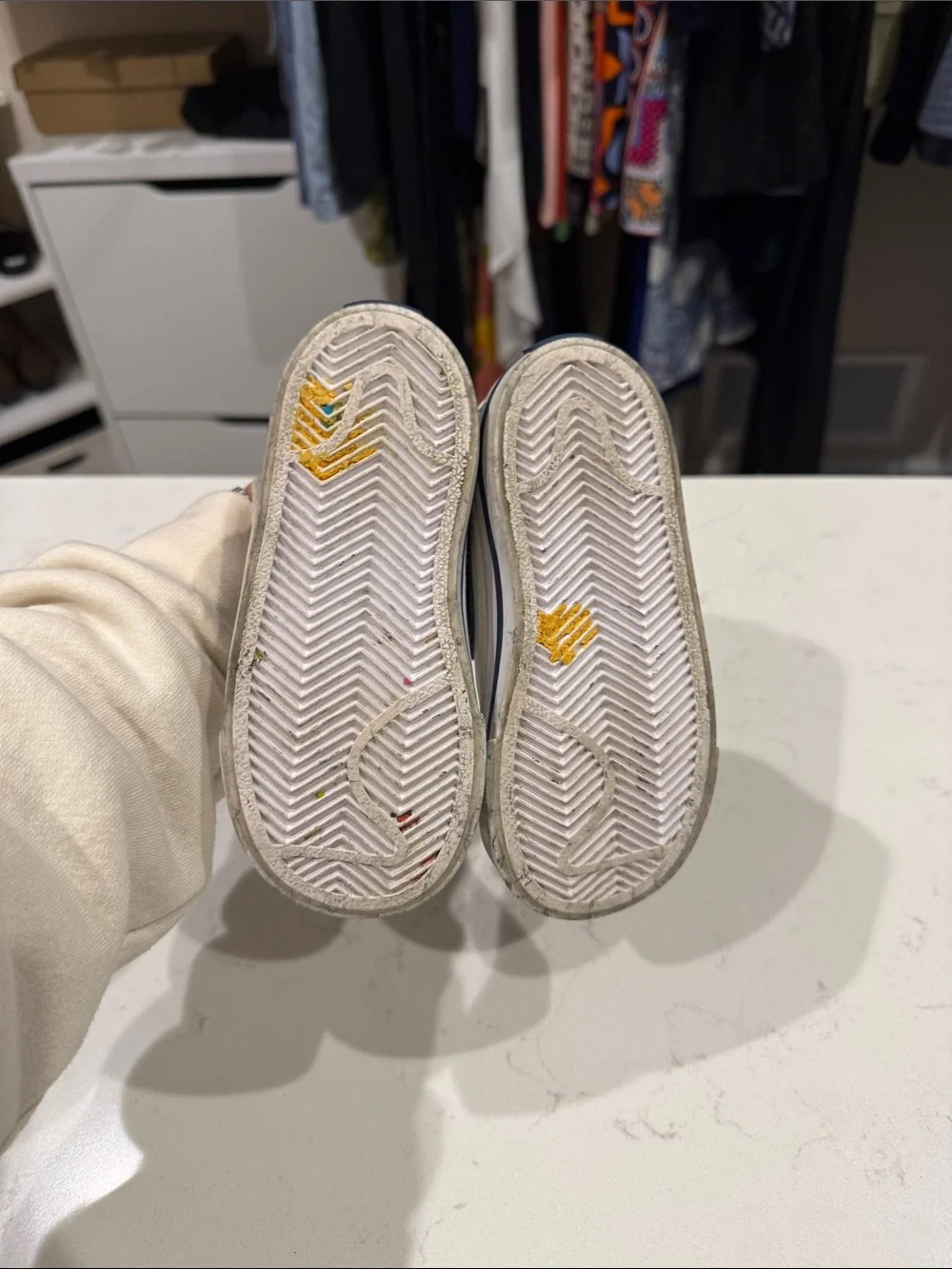 Nike Kids White Sneakers with Navy Swoosh and Velcro Strap